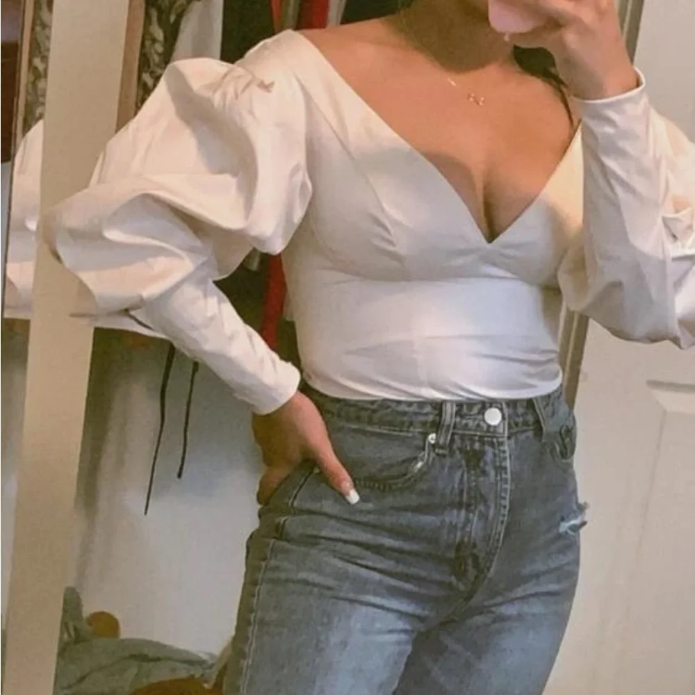 Cream / ivory Off Shoulder Bishop Sleeve puff Sleeve Zip Back Blouse - Picture 8 of 10